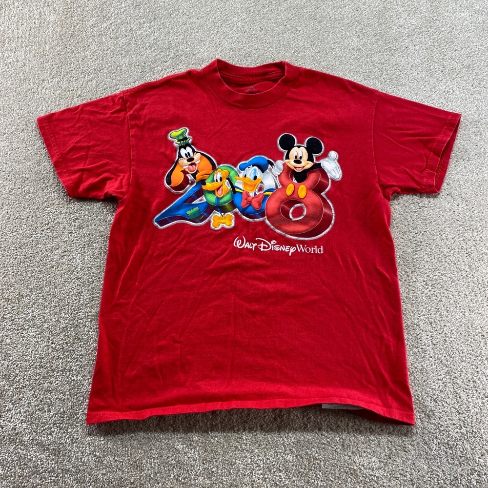 Walt Disney World Shirt Kids Size Medium Red Graphic Mickey Goofy Donald Daisy
